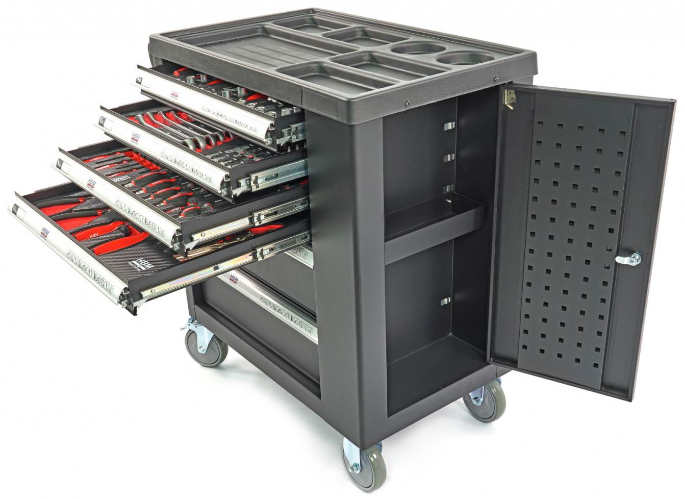 hbm-154-delige-premium-gevulde-gereedschapswagen-met-deur-en-carbon-inlays-zwart_0_nr9406YnT8Csp5jMw5a Befüllter Werkzeugwagen 154tlg. + Seitenfach