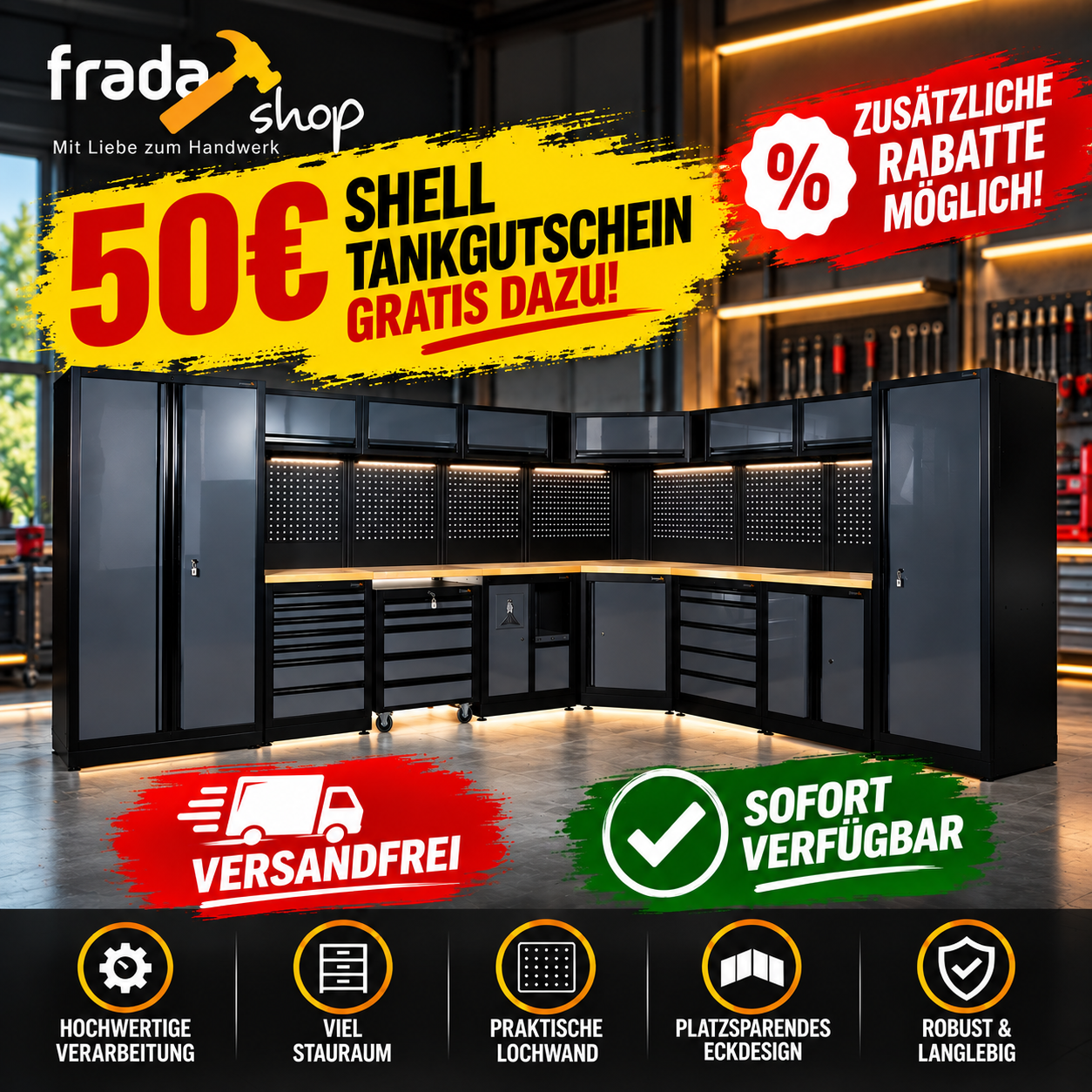 Modulare Werkstatteinrichtung Eck 6,95m GC tiefe Holzplatte