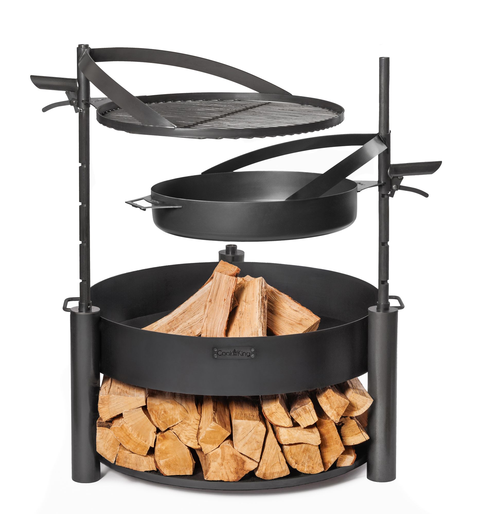 Multifunktionale Feuerschale „MONTANA X“ 80 cm mit Grillrost 60 cm, zusätzlichem Mast und Pfanne aus Rohstahl 50 cm