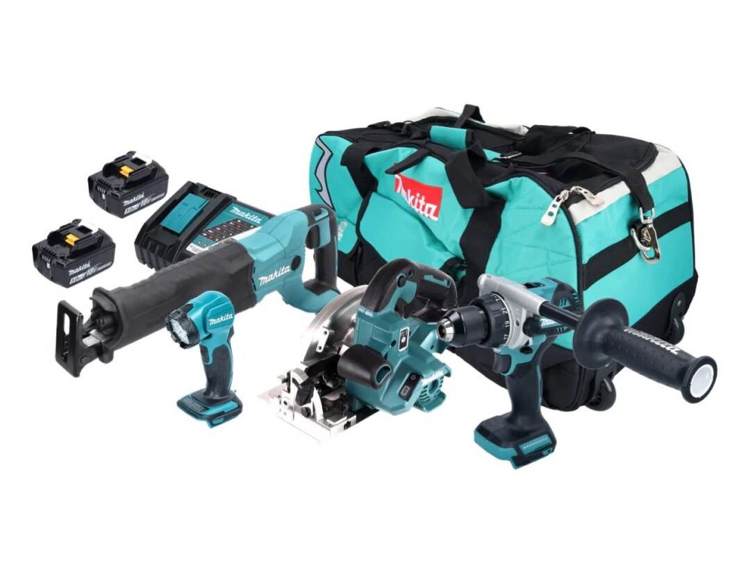Makita 5-in-1-Akku-Kombi-Set mit Bohrschrauber, Kreissäge, Säbelsäge, Winkelschleifer und Taschenlampe 18 V 5,0 Ah Makita 5-in-1-Akku-Kombi-Set mit Bohrschrauber, Kreissäge, Säbelsäge, Winkelschleifer und Taschenlampe 18 V 5,0 Ah