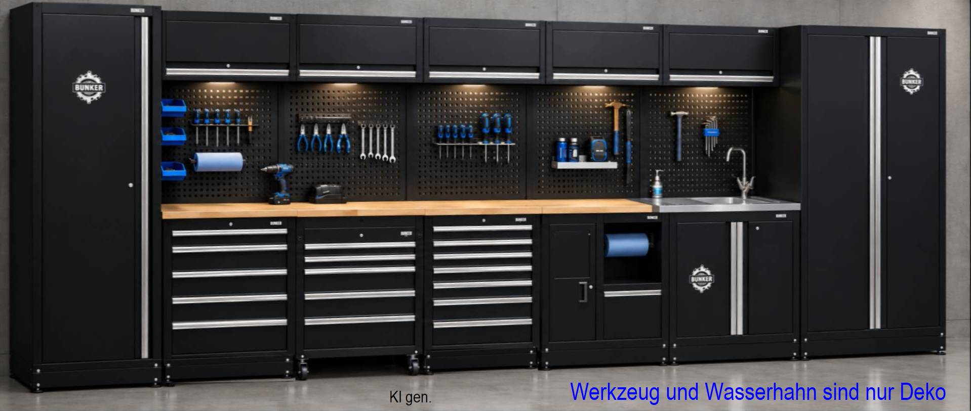 BUNKER® – 46 cm tiefe Werkstatteinrichtung, 25-teilig, mit Massivholz-Arbeitsplatte