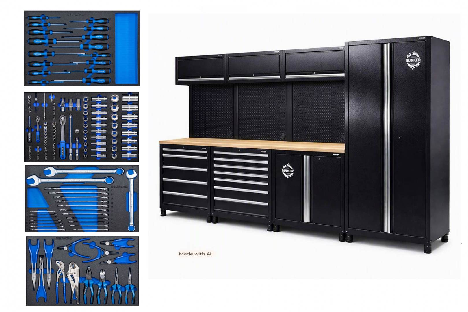 BUNKER® 61 cm Werkstatteinrichtung mit Hartholz-Arbeitsplatte – 15-teilig + 4 Deltach FOAM-Werkzeugeinlagen