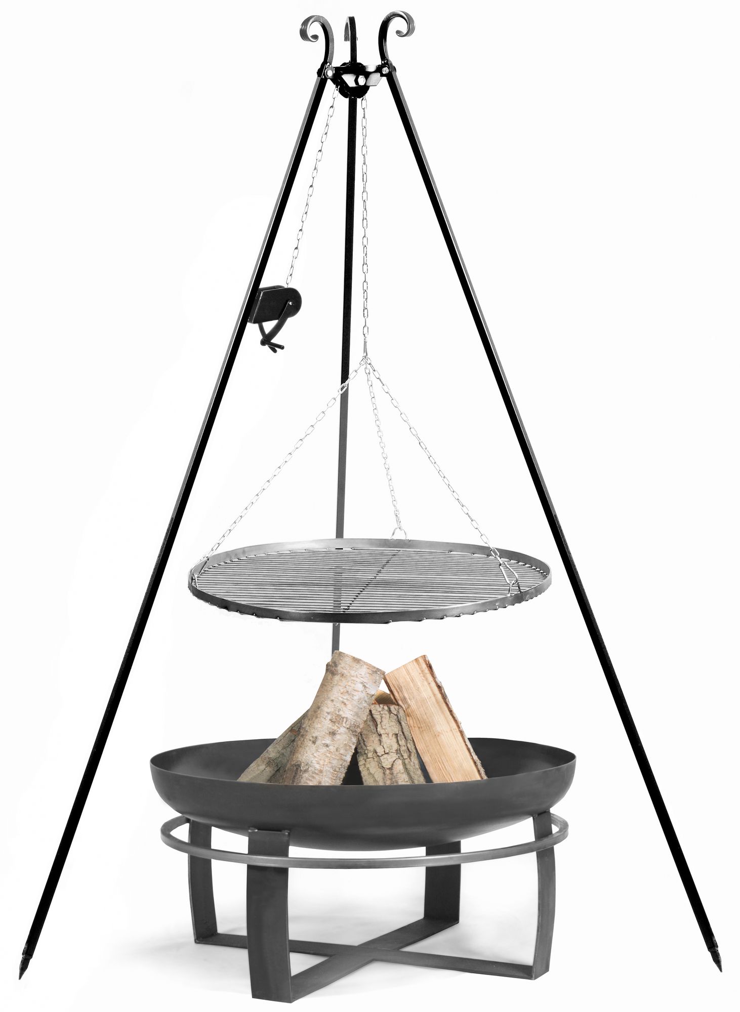 Feuerschale „VIKING“ 80 cm mit Schwenkgrill 180 cm mit Kurbel und Grillrost aus Rohstahl 70 cm